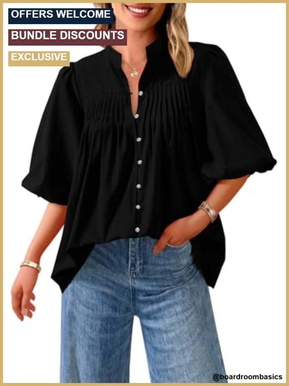 Lightweight V Neck Henley Pullover Tops with Lantern Sleeves